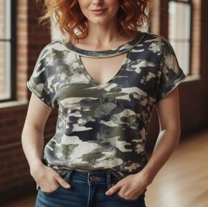 Rock & Republic camouflage mesh cut out short sleeve oversized sweater top L NWT